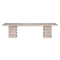 Plaza Natural Gray acacia wood extension dining table with double stacked column pedestals.