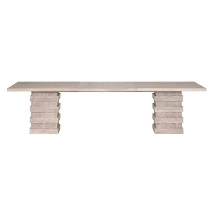 Plaza Natural Gray acacia wood extension dining table with double stacked column pedestals.