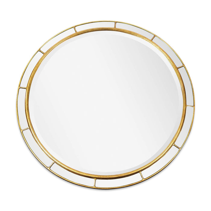Plaza Round Mirror with a gold-beveled frame and art deco design.