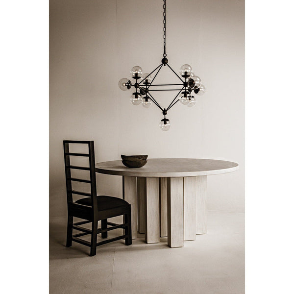 Pluto Celestial black chandelier with multiple round glass bulbs orbiting a diamond-shaped metal structure.
