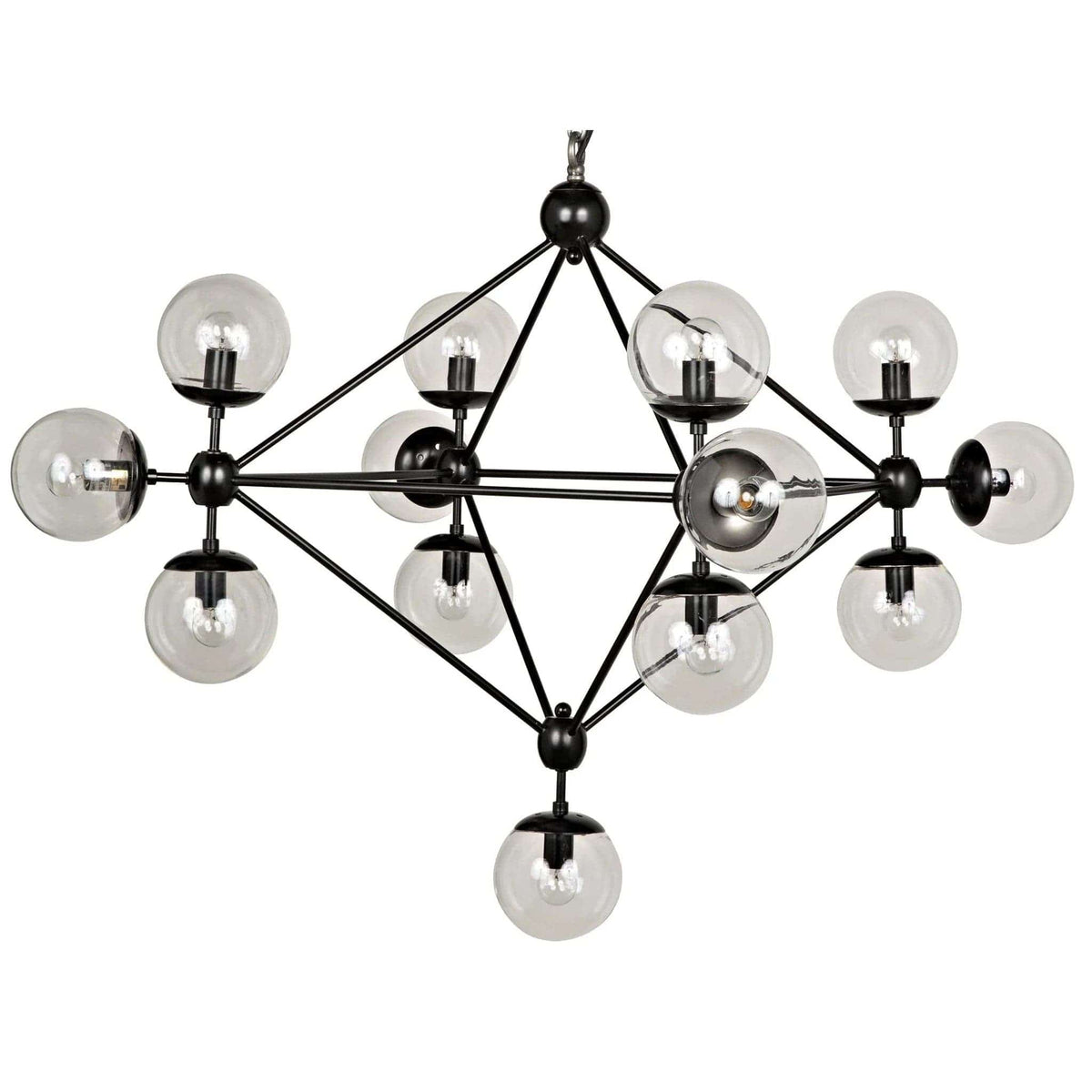 Pluto celestial-inspired black chandelier with multiple clear glass globe bulbs orbiting a diamond metal frame.