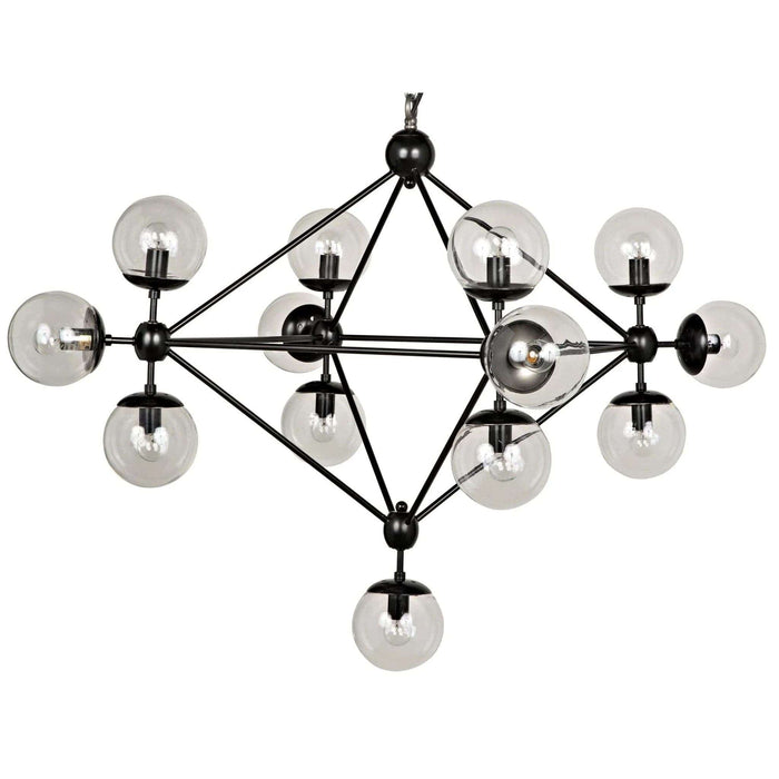 Pluto celestial-inspired black chandelier with multiple clear glass globe bulbs orbiting a diamond metal frame.