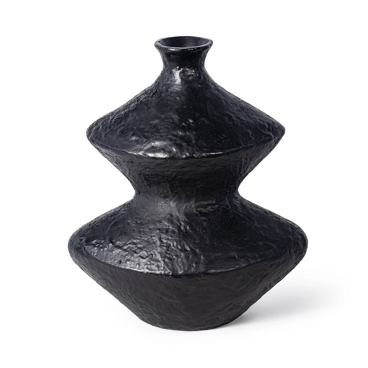 Poe Black Aluminum Vase with a textured, artisan blackened plaster finish and sculptural, contemporary design.