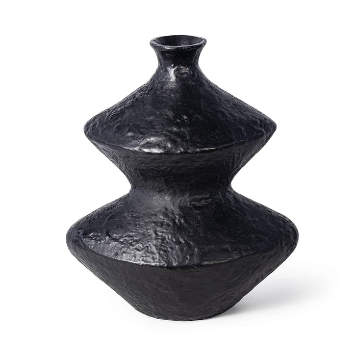 Poe Black Aluminum Vase with a textured, artisan blackened plaster finish and sculptural, contemporary design.