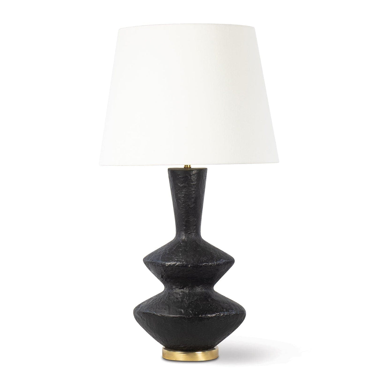 Poe Black Metal Table Lamp with a sculptural, mottled blackened plaster body, natural brass base, and white linen lampshade.