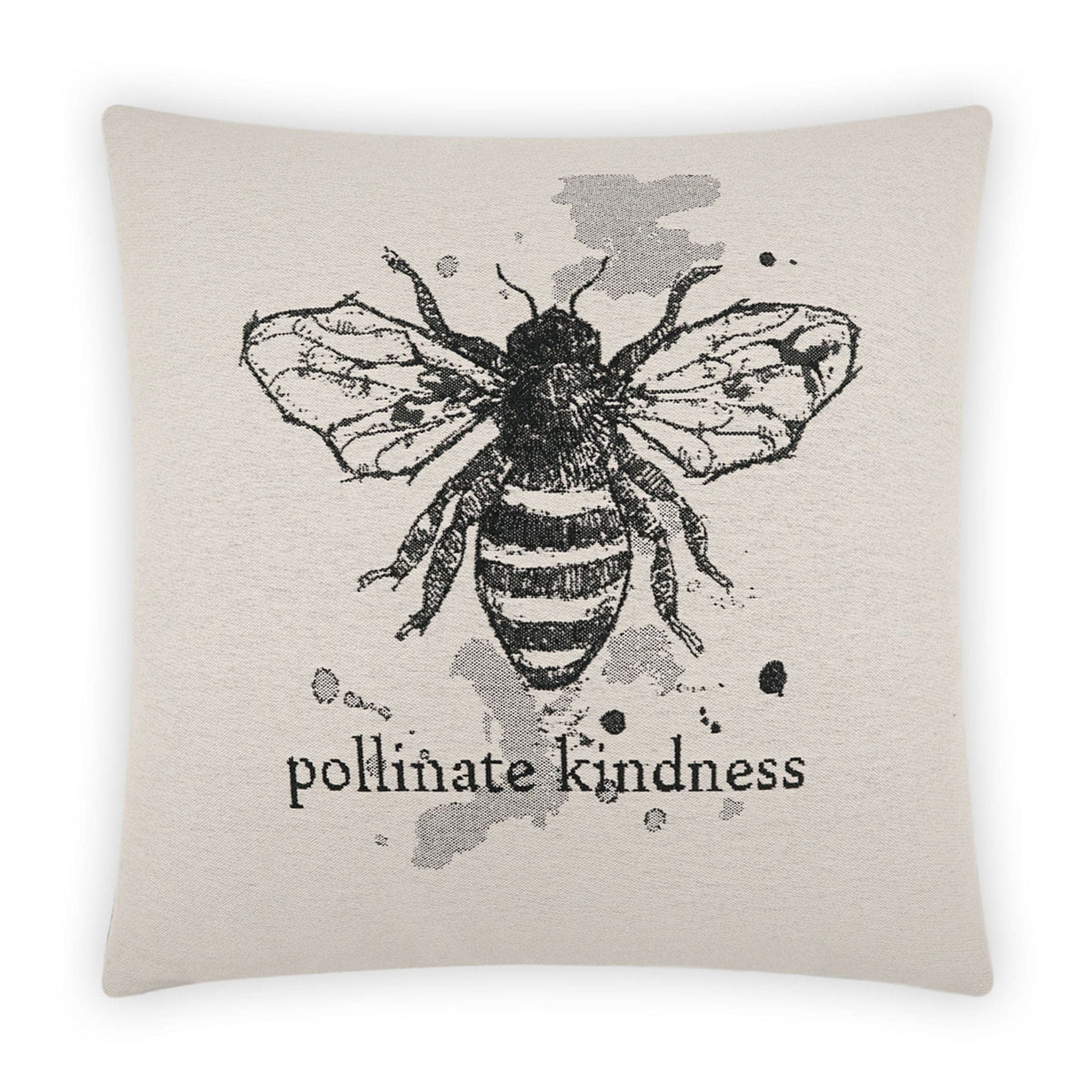 24" x 24" Pollinate Kindness throw pillow with a black bee illustration and "pollinate kindness" text on a light beige background.