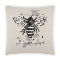 24" x 24" Pollinate Kindness throw pillow with a black bee illustration and "pollinate kindness" text on a light beige background.