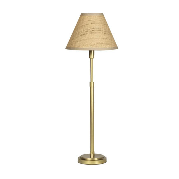 Polly Buffet Lamp with a natural rattan scalloped shade and a slender gold-toned base.
