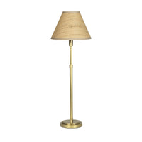 Polly Buffet Lamp with a natural rattan scalloped shade and a slender, elegant gold metal base.