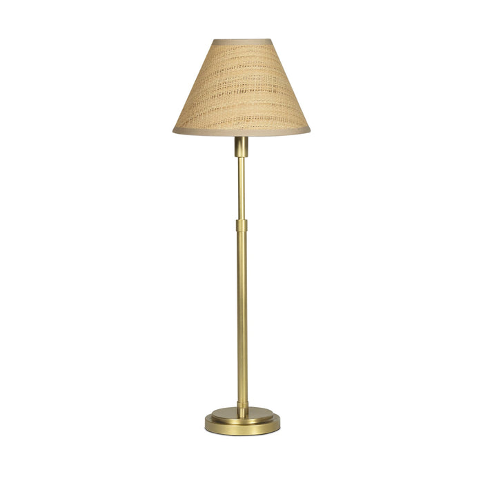 Polly Buffet Lamp with a natural rattan scalloped shade and a slender, elegant gold metal base.