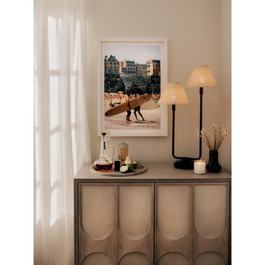 Polly Double Arm Table Lamp - Blackened Brass Rattan Shade - Lamp Detail | Bone & Brass