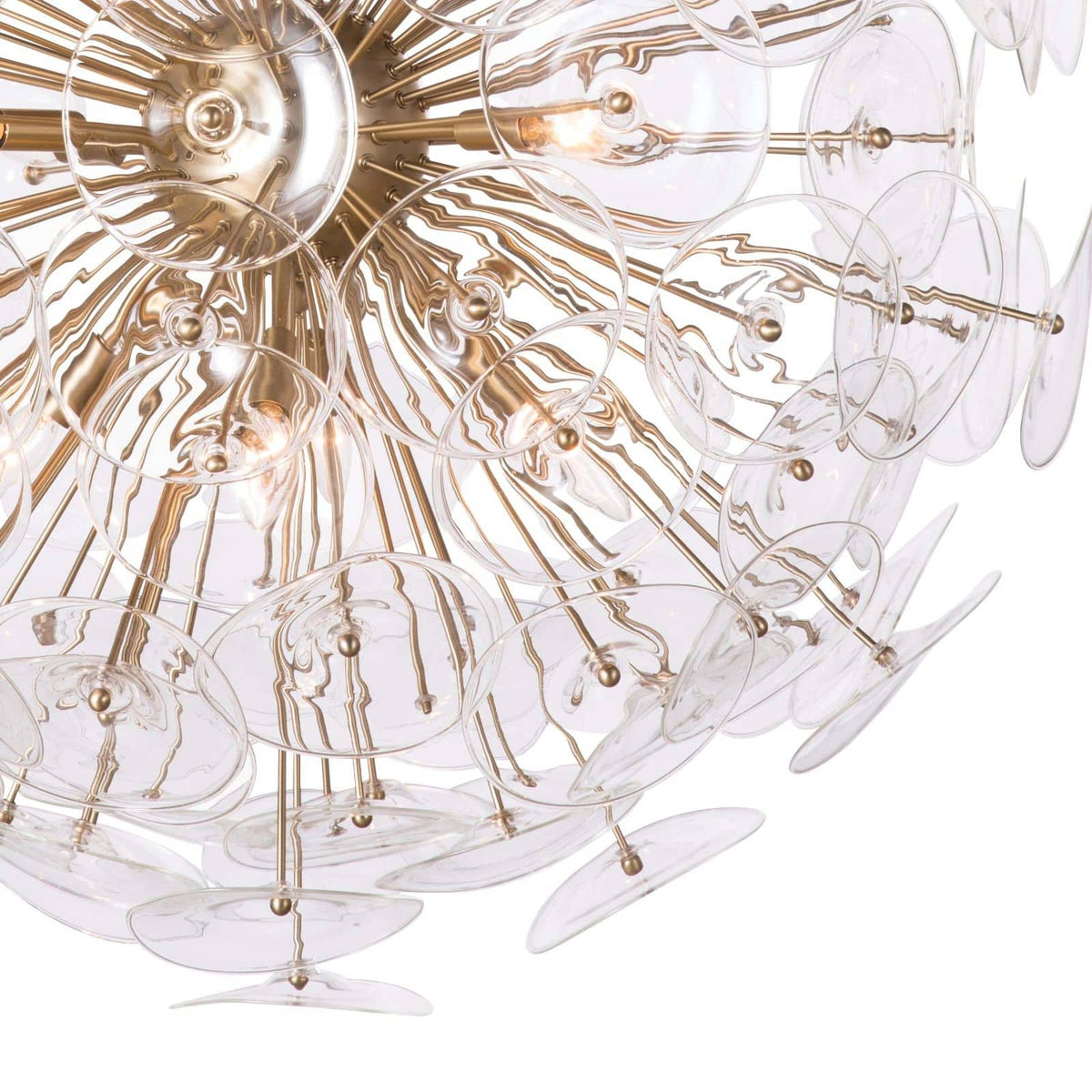 Poppy Large Glass & Brass Chandelier: Sputnik-style orb with clear undulating glass discs and natural brass rods.