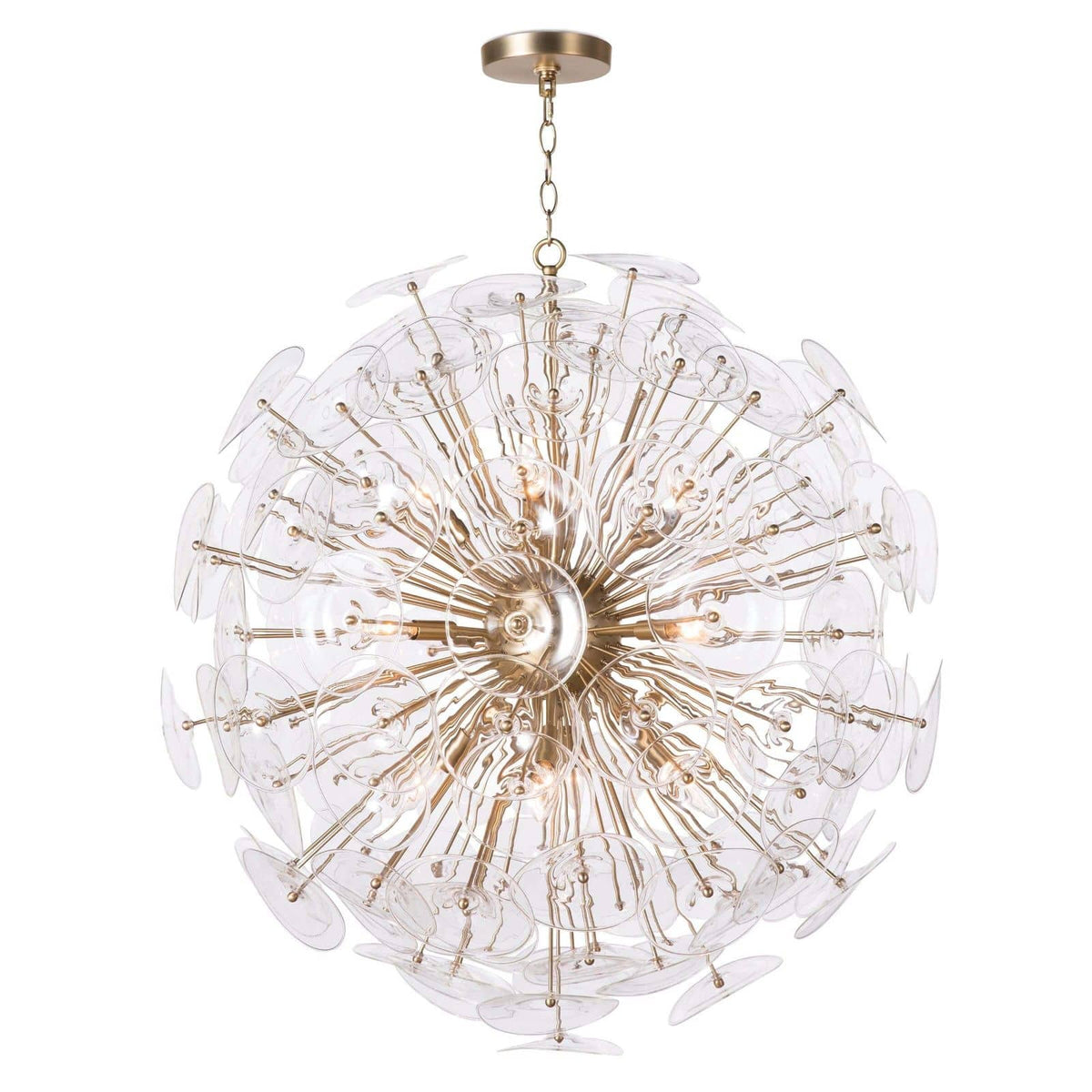 Poppy Large Glass & Brass Chandelier, a sputnik-style orb with clear glass discs and natural brass rods.