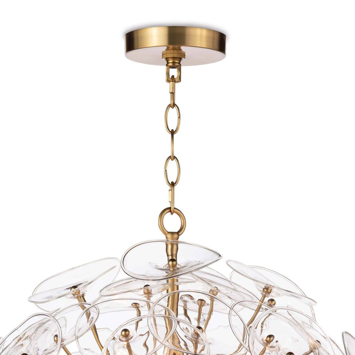 Poppy small glass and brass chandelier with undulating clear glass discs and natural brass rods.