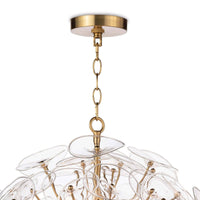 Poppy small glass and brass chandelier with undulating clear glass discs and natural brass rods.