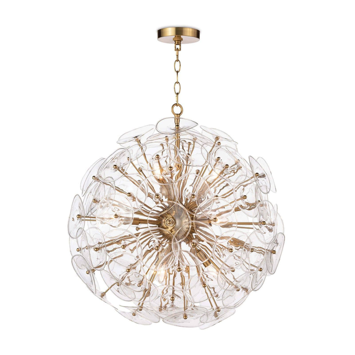 Poppy small glass and brass sputnik chandelier with undulating clear glass discs and candelabra bulbs.