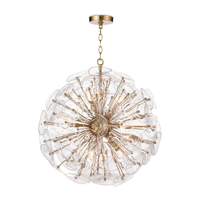 Poppy small glass and brass sputnik chandelier with undulating clear glass discs and candelabra bulbs.