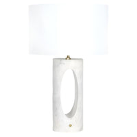 Portia Marble Table Lamp with natural white marble base, lavender veining, oval cutout, and linen shade.