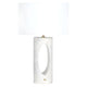 Portia Marble Table Lamp with natural white marble base, lavender veining, oval cutout, and linen shade.