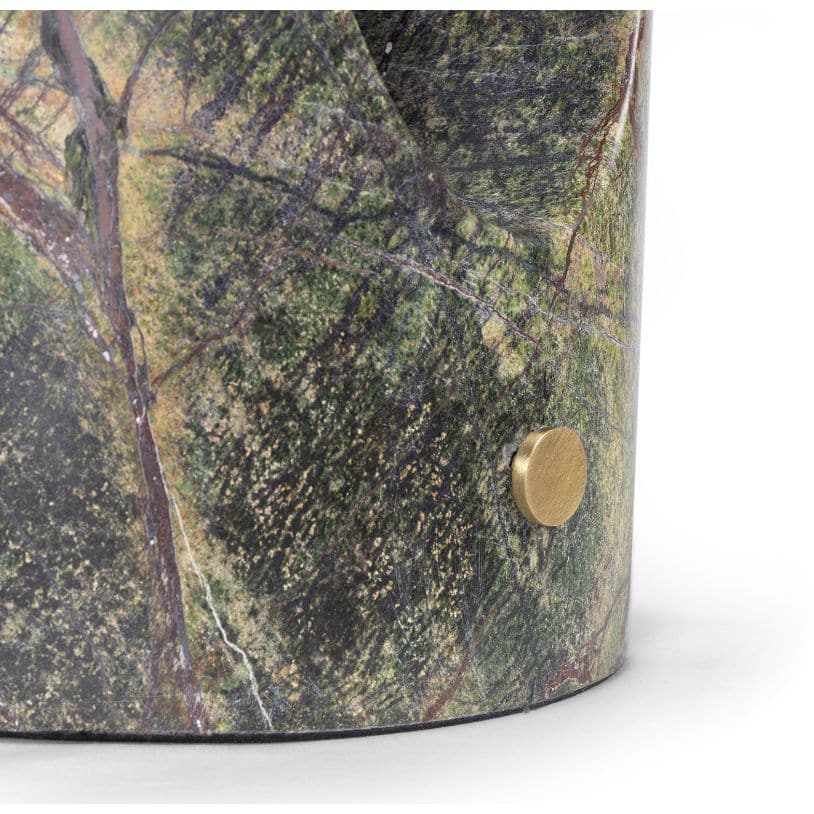 Close-up of a Portia Marble Table Lamp base, featuring green and brown veined marble with a brass knob.