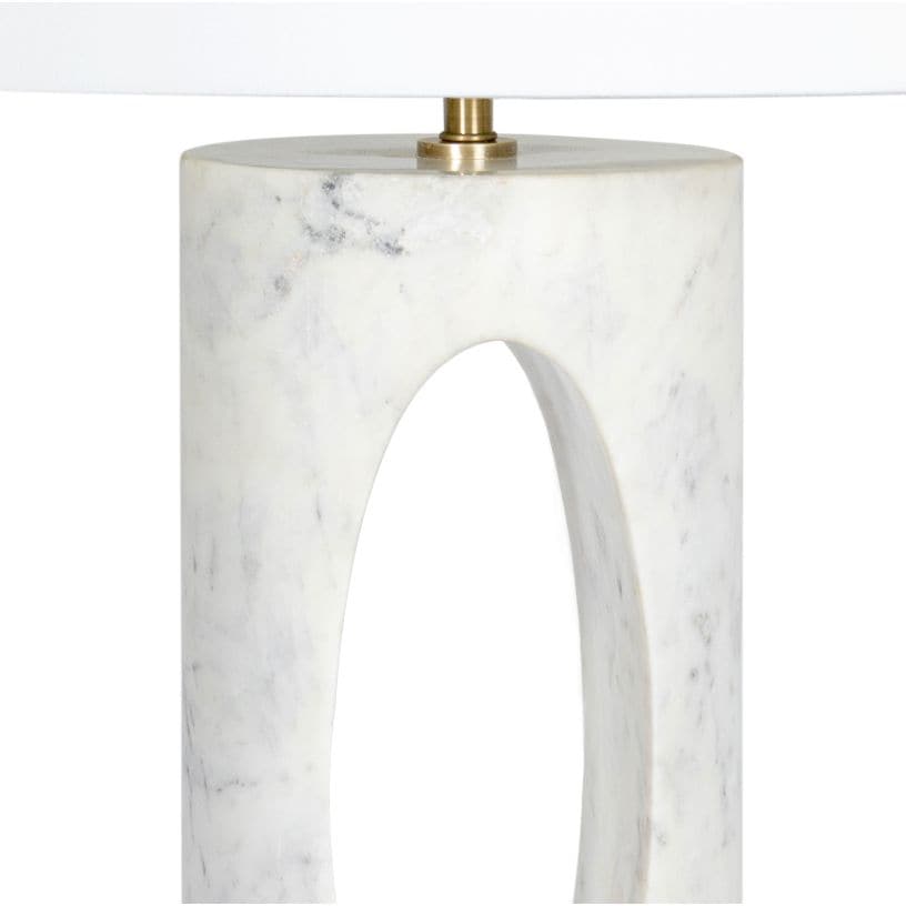 Portia white marble table lamp with lavender veining, natural linen shade, and brass accents.