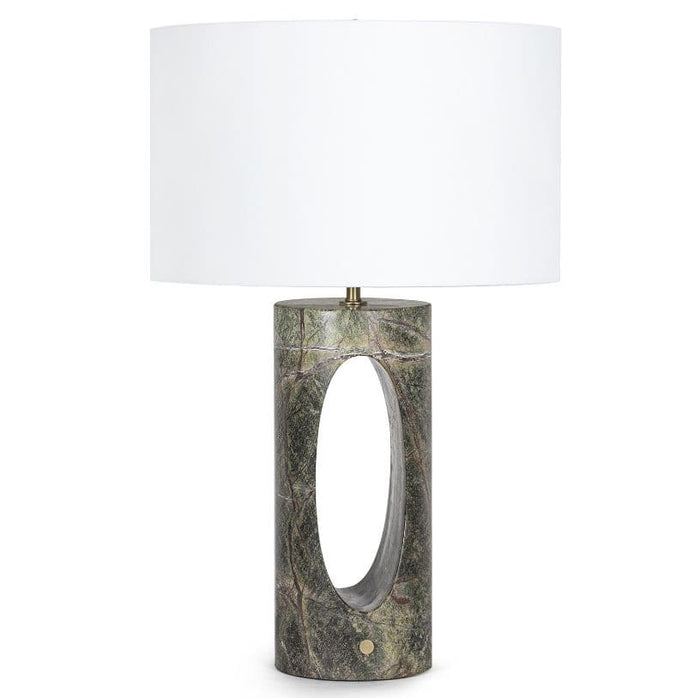 Portia Marble Table Lamp with a cylindrical green marble base, oval cutout, and white linen shade.