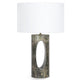 Portia Marble Table Lamp with a cylindrical green marble base, oval cutout, and white linen shade.