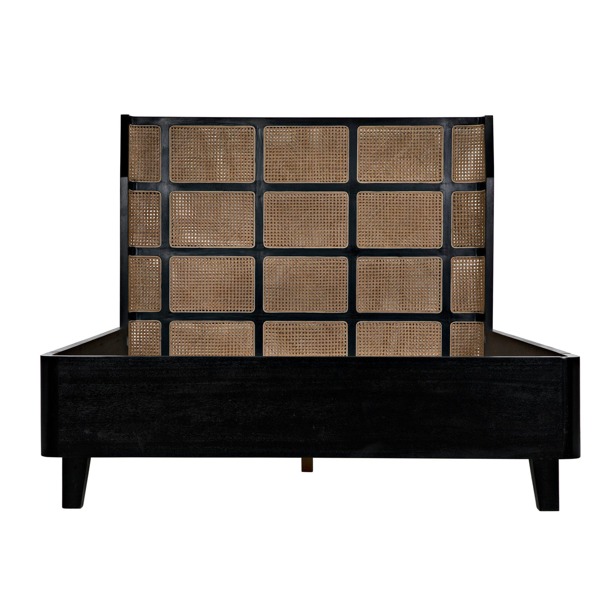 Porto Queen Bed with black mahogany frame and natural cane headboard.