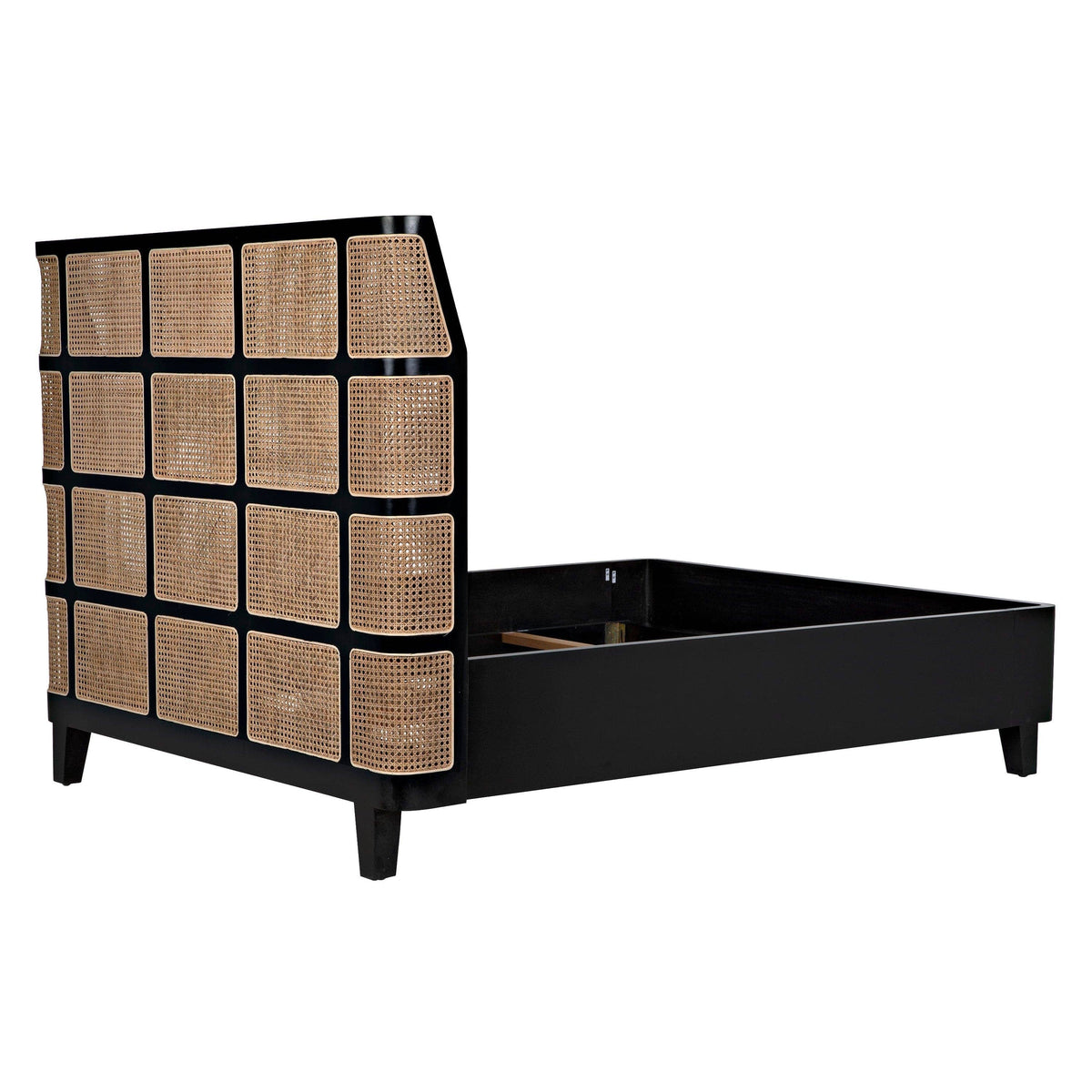 Porto Queen bed with black mahogany frame and natural cane headboard and footboard.
