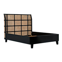 Porto Queen Bed with black mahogany frame and natural cane headboard and footboard.