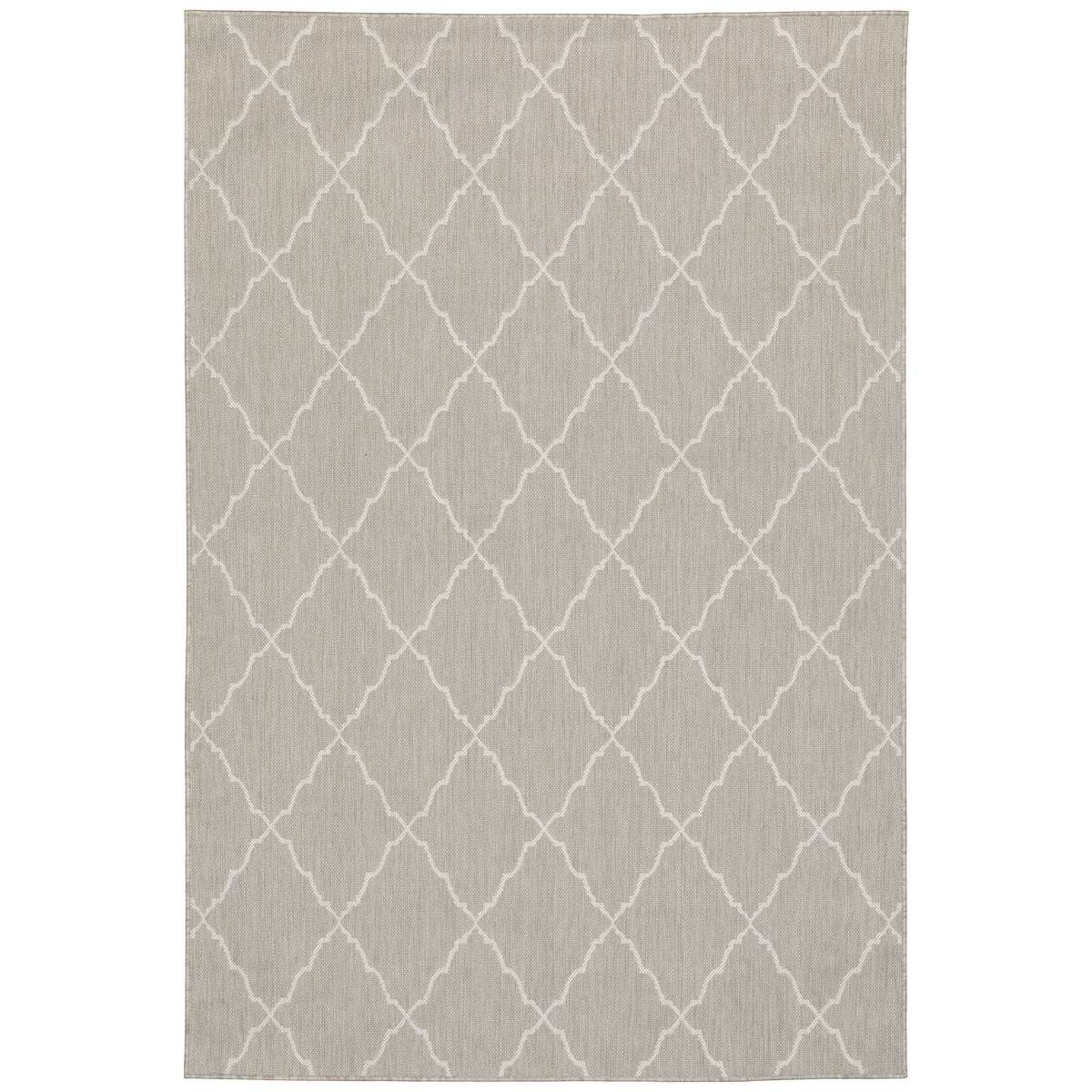 Portofino Grey flatwoven polypropylene outdoor rug with a white geometric trellis pattern.