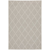 Portofino Grey flatwoven polypropylene outdoor rug with a white geometric trellis pattern.