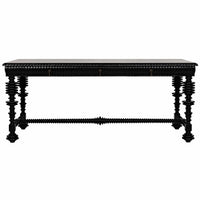 Black Portuguese mahogany desk with spool turning legs, multiple drawers, and metal and brass pulls.