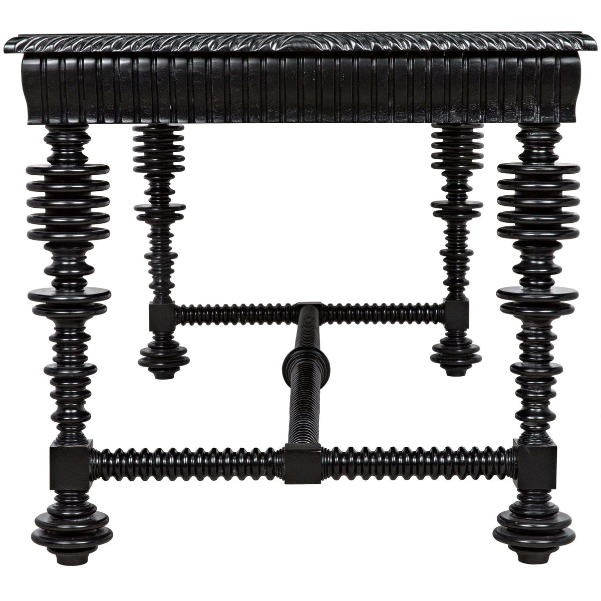 Portuguese solid mahogany desk, hand-rubbed black finish, with classic spool turning legs and base.