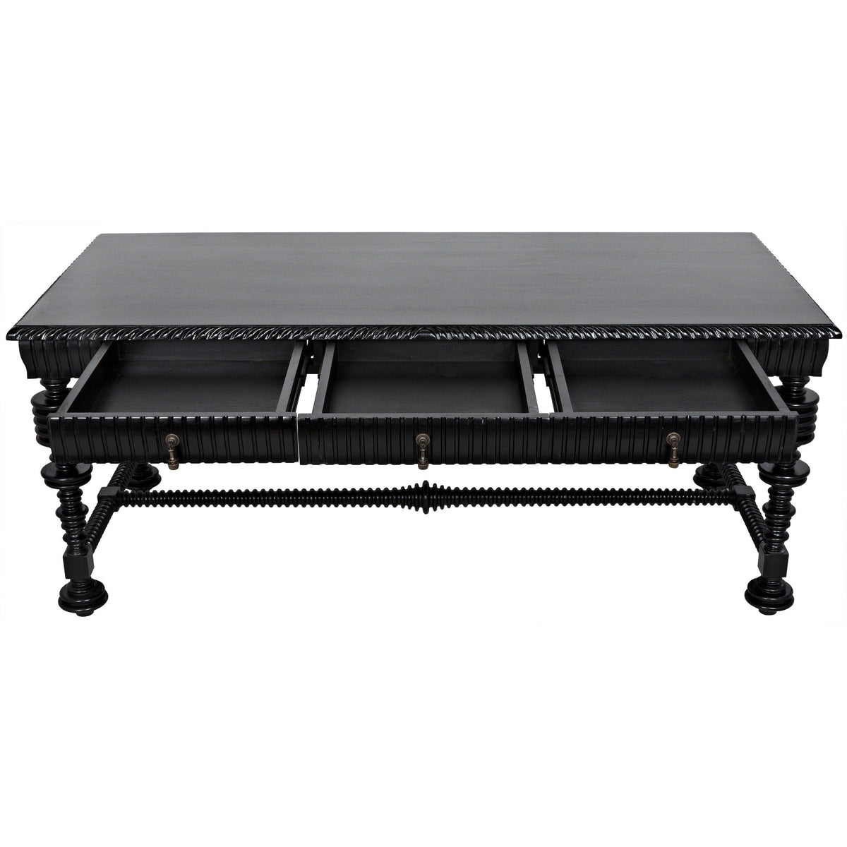 Black hand-rubbed solid mahogany Portuguese desk with spool turning legs and three open drawers.