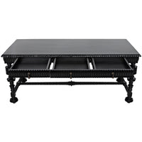 Black hand-rubbed solid mahogany Portuguese desk with spool turning legs and three open drawers.