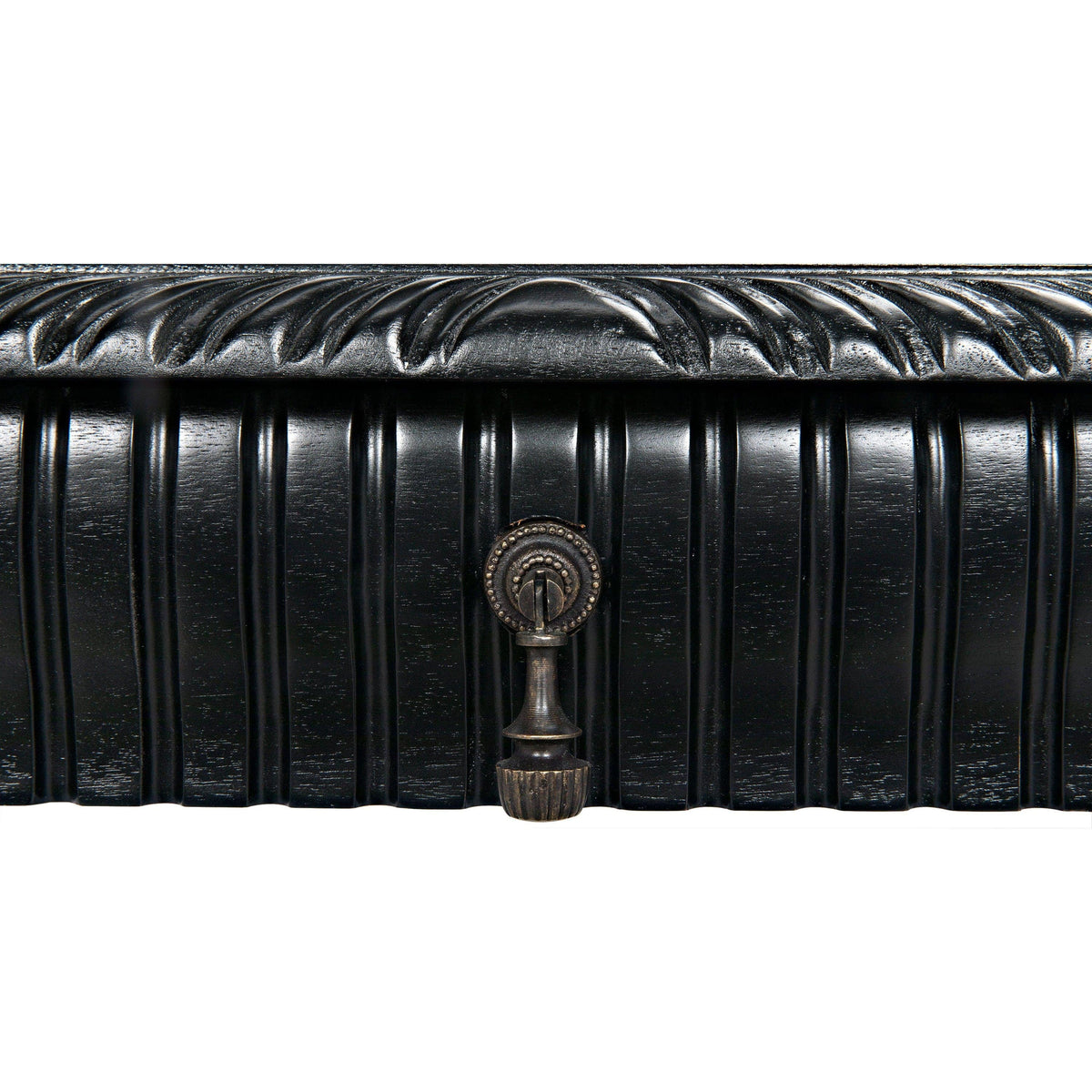 Black Portuguese solid mahogany desk with hand-rubbed finish, spool turning, and metal and brass pull.
