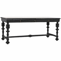 Black hand-rubbed solid mahogany desk with spool turning legs and metal/brass pulls.