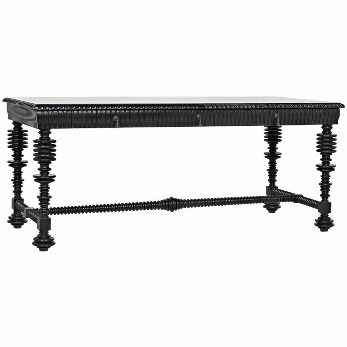 Black hand-rubbed solid mahogany desk with spool turning legs and metal/brass pulls.