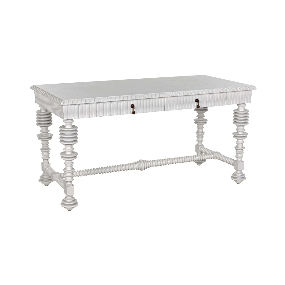 White mahogany Portuguese office desk with spool-turned legs, carved apron, and two drawers.