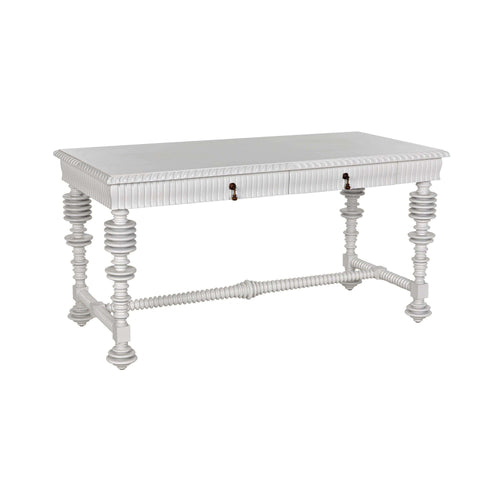 White mahogany Portuguese office desk with spool-turned legs, carved apron, and two drawers.