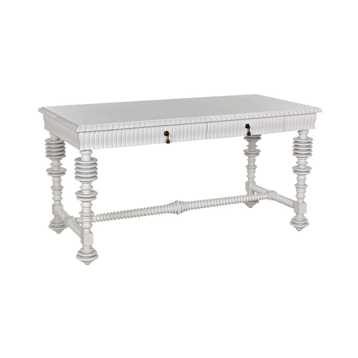 White mahogany Portuguese office desk with spool-turned legs, carved apron, and two drawers.
