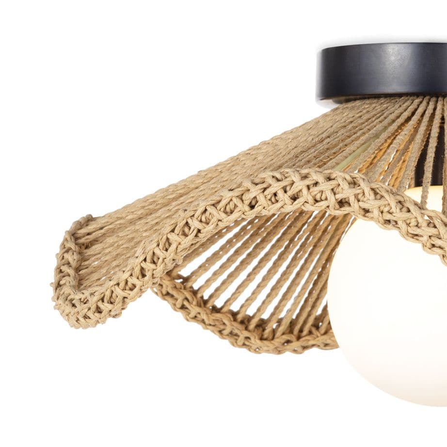 Provence Cafe flush mount light with a natural twisted rope shade, braided edge, and white glass globe.