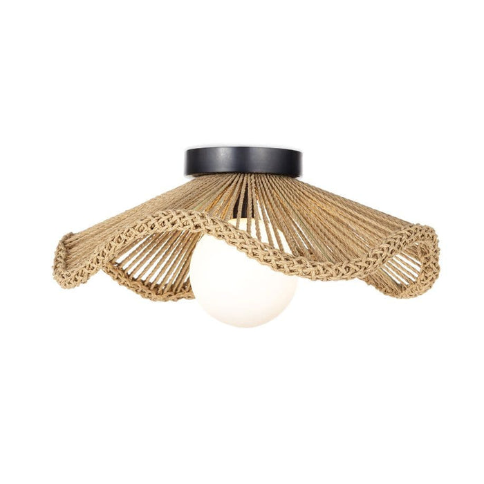 Provence Cafe flush mount light with a wavy, braided natural rope shade and white glass globe.