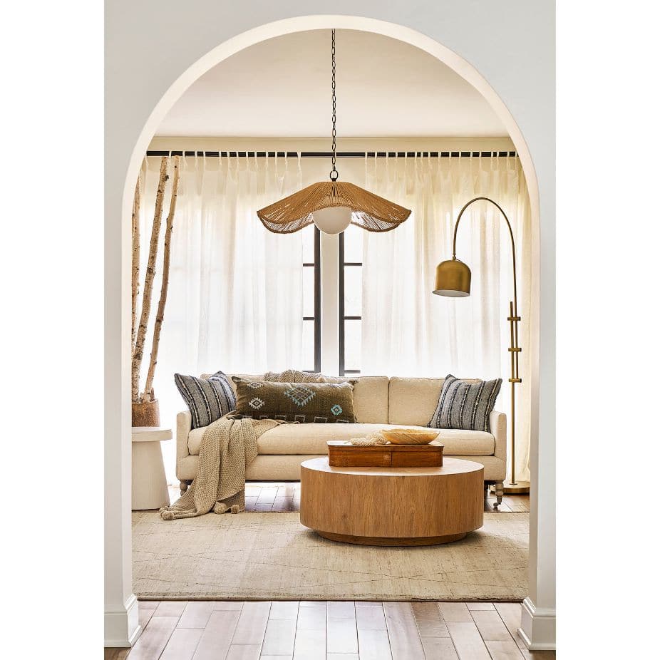 Large Provence Cafe Pendant with a twisted rope shade, wavy braided edge, and white glass globe.
