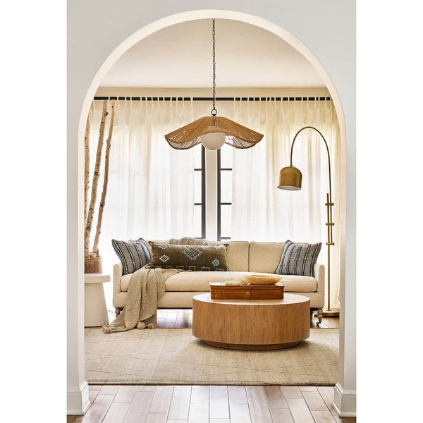 Large Provence Cafe Pendant with a twisted rope shade, wavy braided edge, and white glass globe.