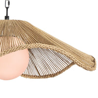 Large Provence Cafe Pendant with a twisted rope shade, wavy braided edge, and white glass globe.