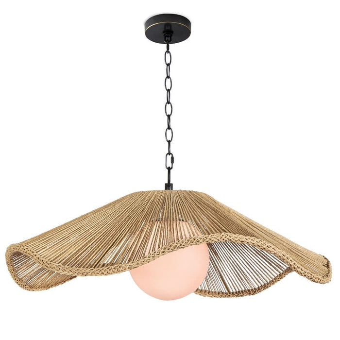 Large Provence Cafe Pendant with a wavy, braided rope shade and a white glass globe.