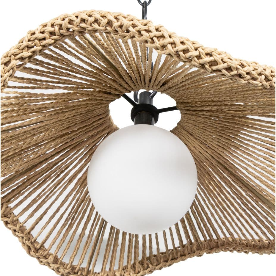 Provence Cafe Small Pendant with a twisted natural rope shade, wavy braided edge, and white glass globe.