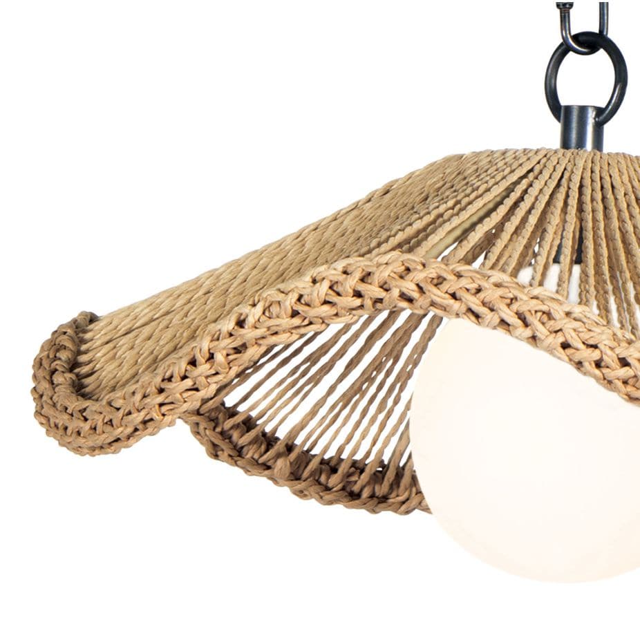 Provence Cafe Small Pendant with twisted rope shade, braided edge, and white glass globe.
